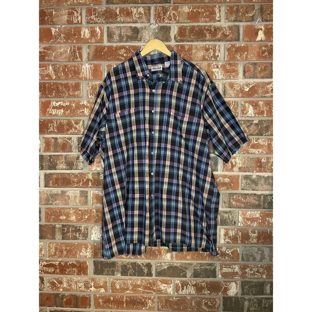 VTG The King Size CO 2XLT Mens Short Sleeve Plaid Button Up Shirt Colorful Dad